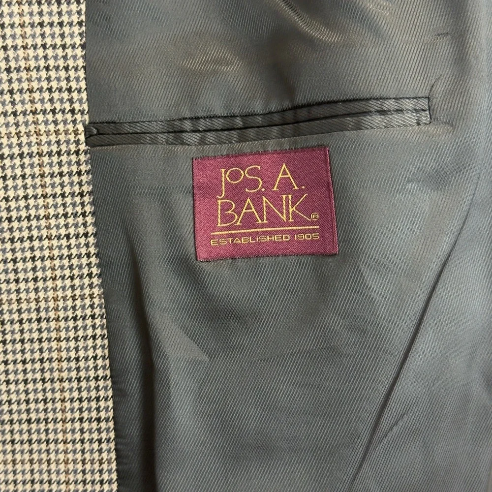 Jos. A. Bank Mens 42R Houndstooth Sport Coat Blazer Tan‎ Black Wool Blend Jacket